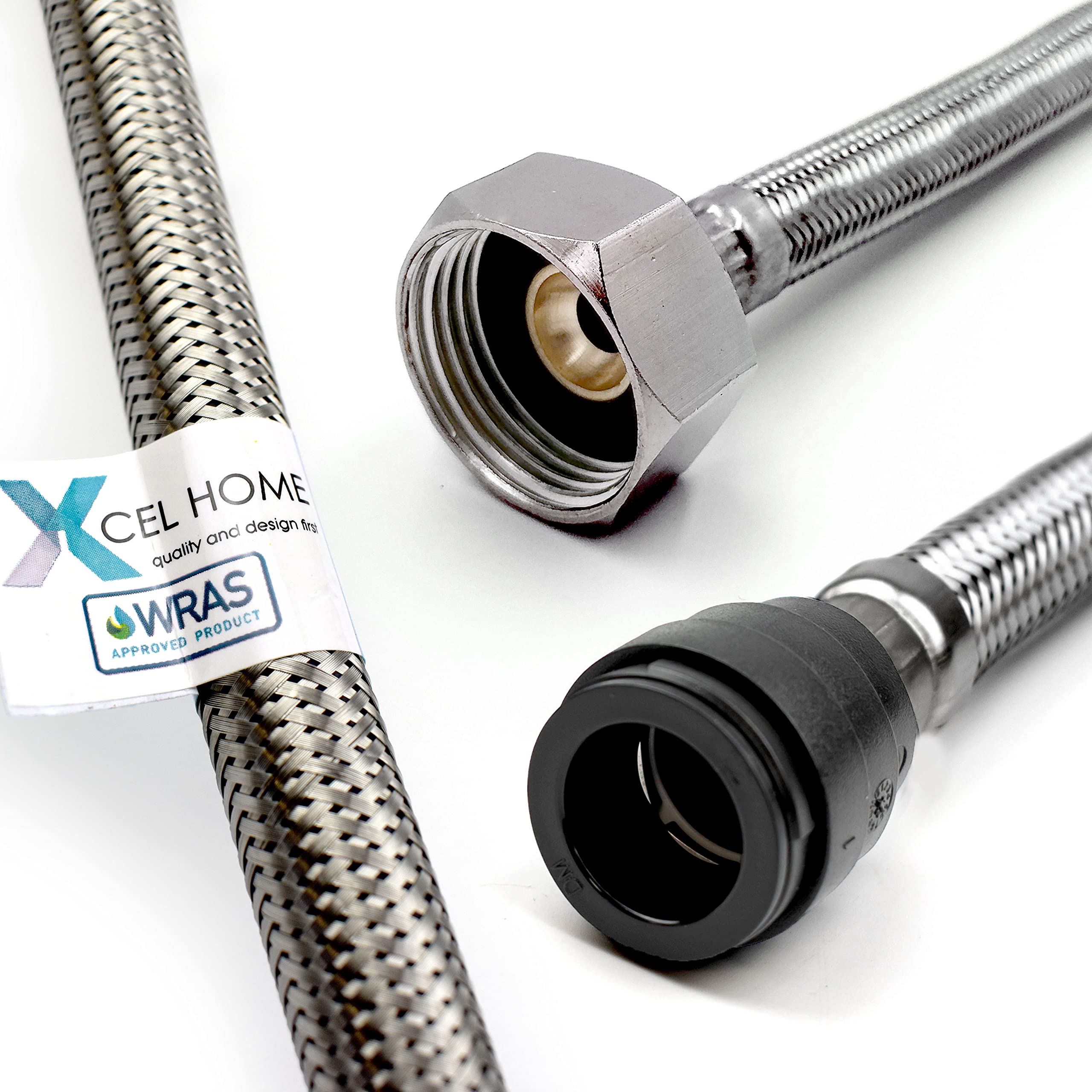 Xcel Home WRAS Approved PushFit Flexible Connector 15mm x 3/4" BSP (300mm Long) | 3 Lengths Available | Tap Connectors for Kitchen Sink/Bathroom Basin Stainless Steel Braided Flexi Tail | 1 Pipe