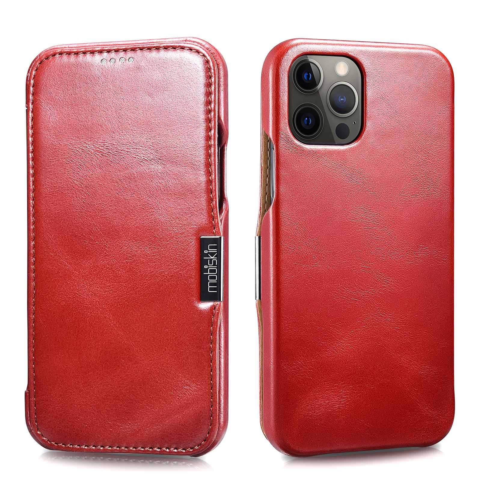 Mobiskin case compatible with Apple iPhone 12 PRO MAX (6.7 inch), cover with genuine leather, book-style protective phone case, ultra-slim folio, thin wallet, red vintage