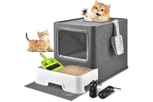HOMAGICO Cat Litter Box with Litter Mat and Scoop, Large Foldable Litter Box with Lids, Free in& Out Covered Kitty Litter Box, Odor Control Enclosed Litter Box, Anti- Splashing Easy Clean (Dark Grey)