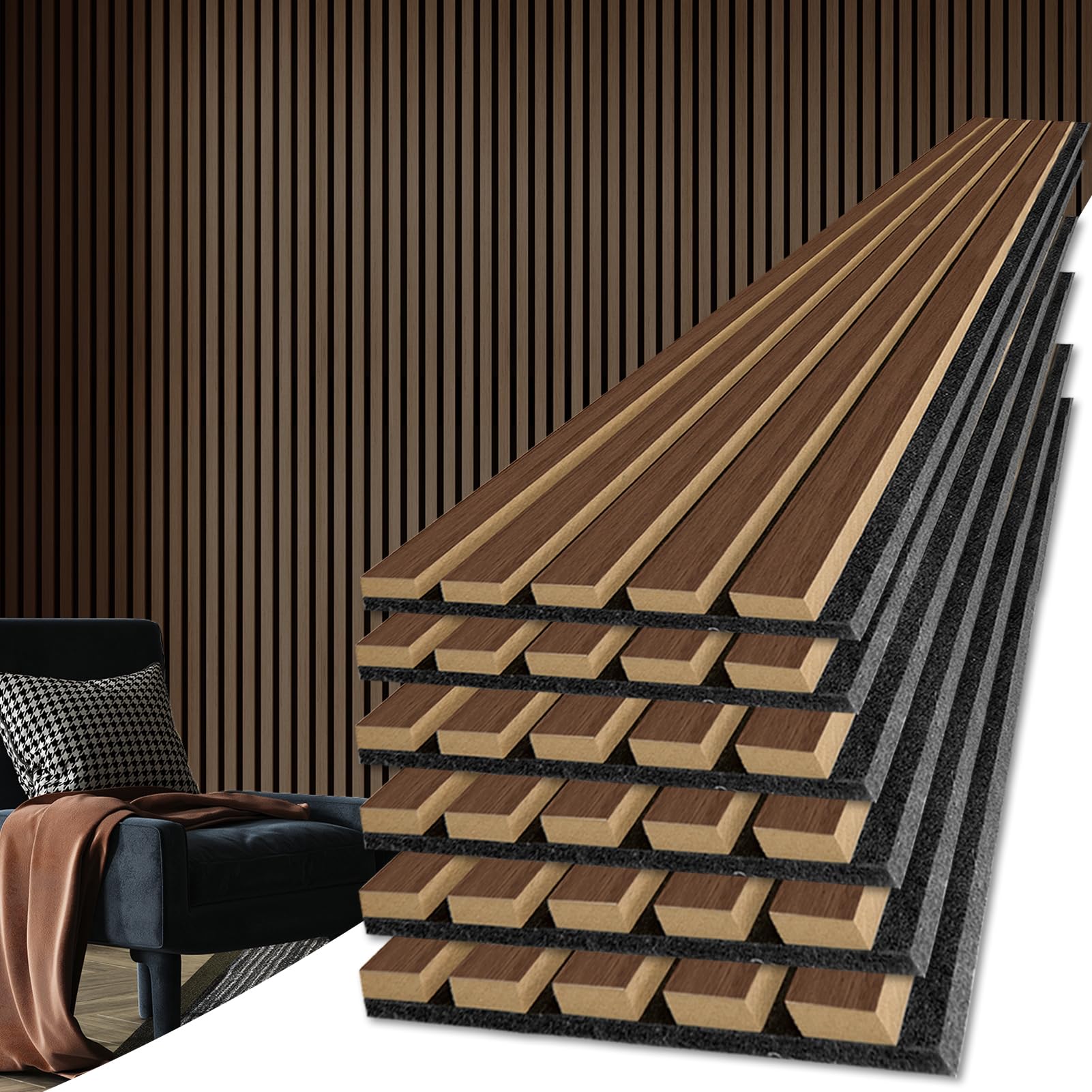 Photo 1 of Art3d 6-Pack Acoustic Wood Slat Wall Panels for Interior Decor, 3D Fluted Sound Absorbing Wood Paneling for Accent Wall Ceiling Kitchen Living Room Bedroom Office, 94.5 x 7.9 inch Deep Walnut