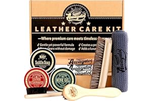 Awaydol 10 PCS Leather Care Kit - Horsehair Brushes,Saddle Soap,Waterproofing Wax,Mink Oil Conditioner,Polishing Cloth,Microfiber cloth,Boot Shoe Shine Cleaning Kit Gift for Men Cowboy Husband Dad ﻿