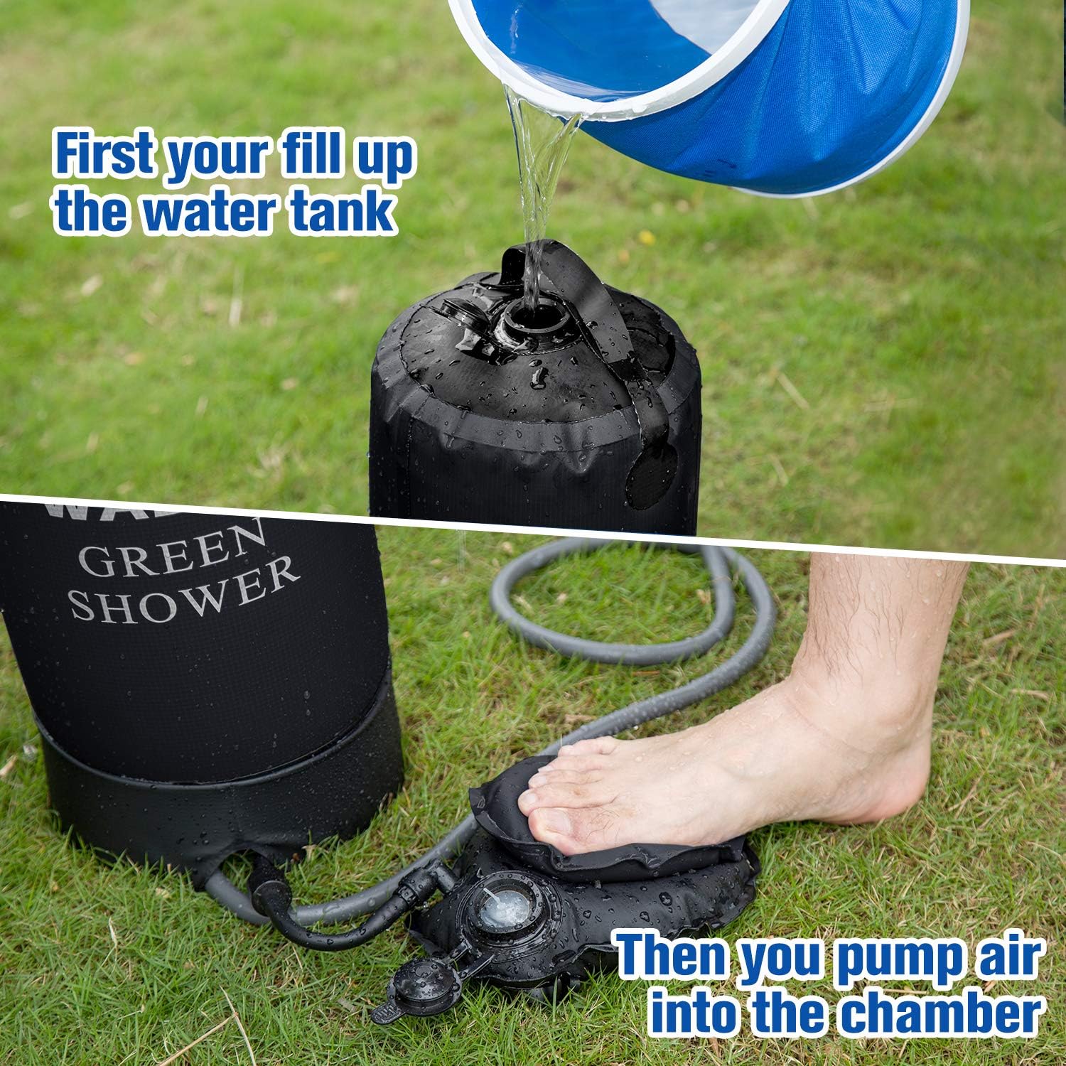 WADEO Camp Shower, 15L 4 Gallons Portable Outdoor Camping Shower Bag Pressure Shower with Foot Pump and Shower Nozzle for Beach Swim Travel Hiking Backpacking, Black : Sports & Outdoors