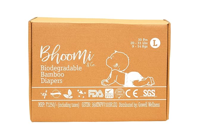 Bhoomi & Co Bio-Degradable Bamboo Baby Diapers Large (30 Count) -Pack of 3