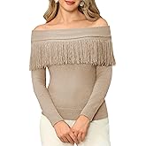 WLLW Women's Fringe Tops Juniors Boat Neck Sweater Long Sleeve Pullover Sweater Slim Fit Off Shoulder Sweaters