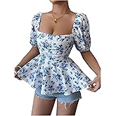 Floerns Women's Puff Sleeve Ruched Floral Blouse Square Neck Ruffle Hem Peplum Tops