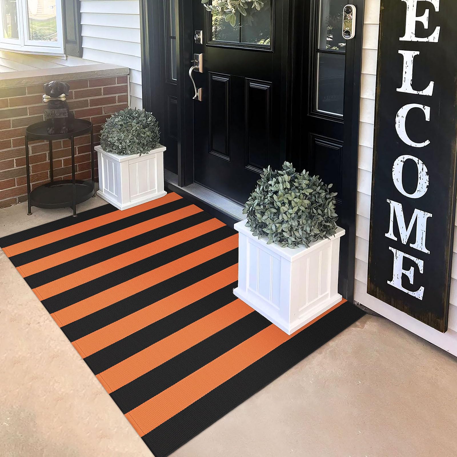 Photo 1 of KILOCOCO Halloween Doormat 3'x5' Striped Outdoor Orange Rugs for Thanksgiving Washable Fall Doormats Layered Front Door Rug for Porch Farmhouse Entryway Patio Kitchen Entrance Holiday Decor
