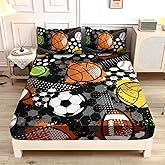 UEVBF Kids Sports Balls Bedding Twin Bed Set - Tie-Dyed Football Basketball Baseball Print Fitted Sheet Set for Boys Room Decor - Sports Themed Bedding - 1 Fitted Sheet + 2 Pillowcases