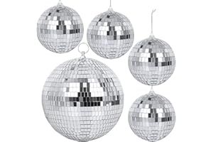 5 Pack Mirror Balls for Disco DJ Club Party Wedding Home Decor, Muscab Disco Ball Ornaments with Hanging Ring, 8 Inch, 4 Inch(Silver White)