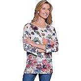 MULTIPLES Womens Clothing | Three Quarters Sleeve Scoop Neck Multi-Panel Top | Dressy & Casual Clothing for Women
