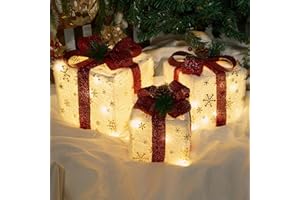 Bstge Christmas Lighted Gift Boxes, Set of 3 Christmas Decorations for Home, Light up Christmas Ornaments, Warm White LED with Bows for Indoor Party Holiday, Christmas Decor(Plush)