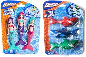 Banzai 3 Piece Magical Mermaid Dolls and 3 Piece Dive Sharks Pool Toys Bundle Set of Pool Toys