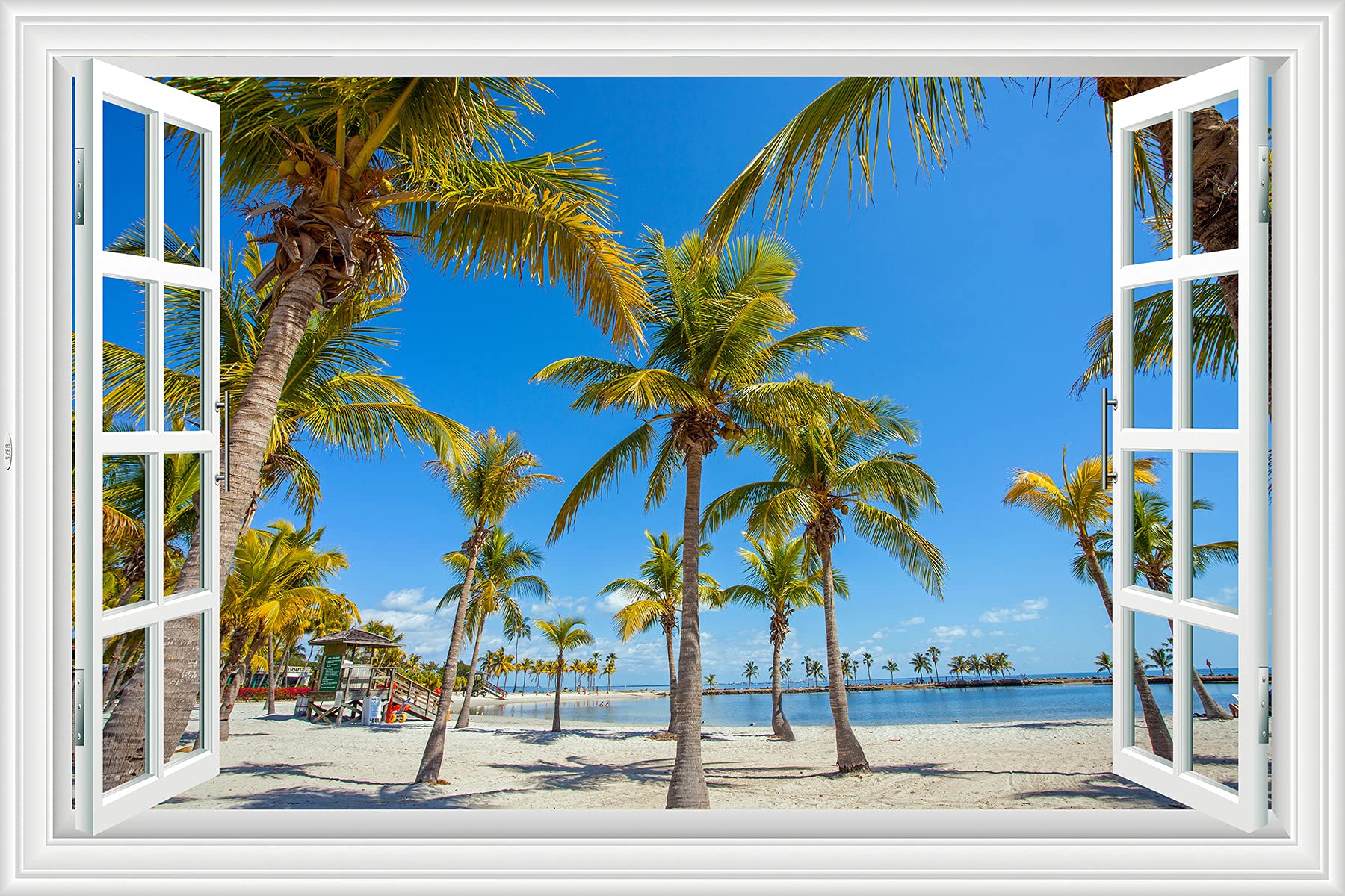 Lichi 3D Fake Window Wall Sticker Mural Decal of Bali Island Beach View Scenery Coconut Tree