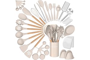 CACOLES Silicone Cooking Utensils Set, 43Pcs Non-Stick Heat Resistant Kitchen Utensils Spatula Set with Wooden Handle for Baking, Cooking, and Mixing, Best Kitchen Gadgets Tools with Holder (Khaki)