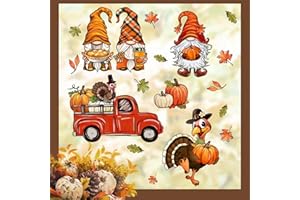 Yovkky Thanksgiving Window Clings 9 Sheets, Fall Gnome Turkey Pumpkin Maple Leaves Stickers Decals Decor, Autumn Harvest Season Red Truck Farmhouse Home Kitchen Decorations