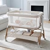 GROWNSY 5-in-1 Baby Bassinet Bedside Sleeper with Gentle Manual Rocking | 6 Adjustable Heights, Full Breathable Mesh, Convertible to Portable Crib, Bassinets with Mattress &amp; Wheels, Beige