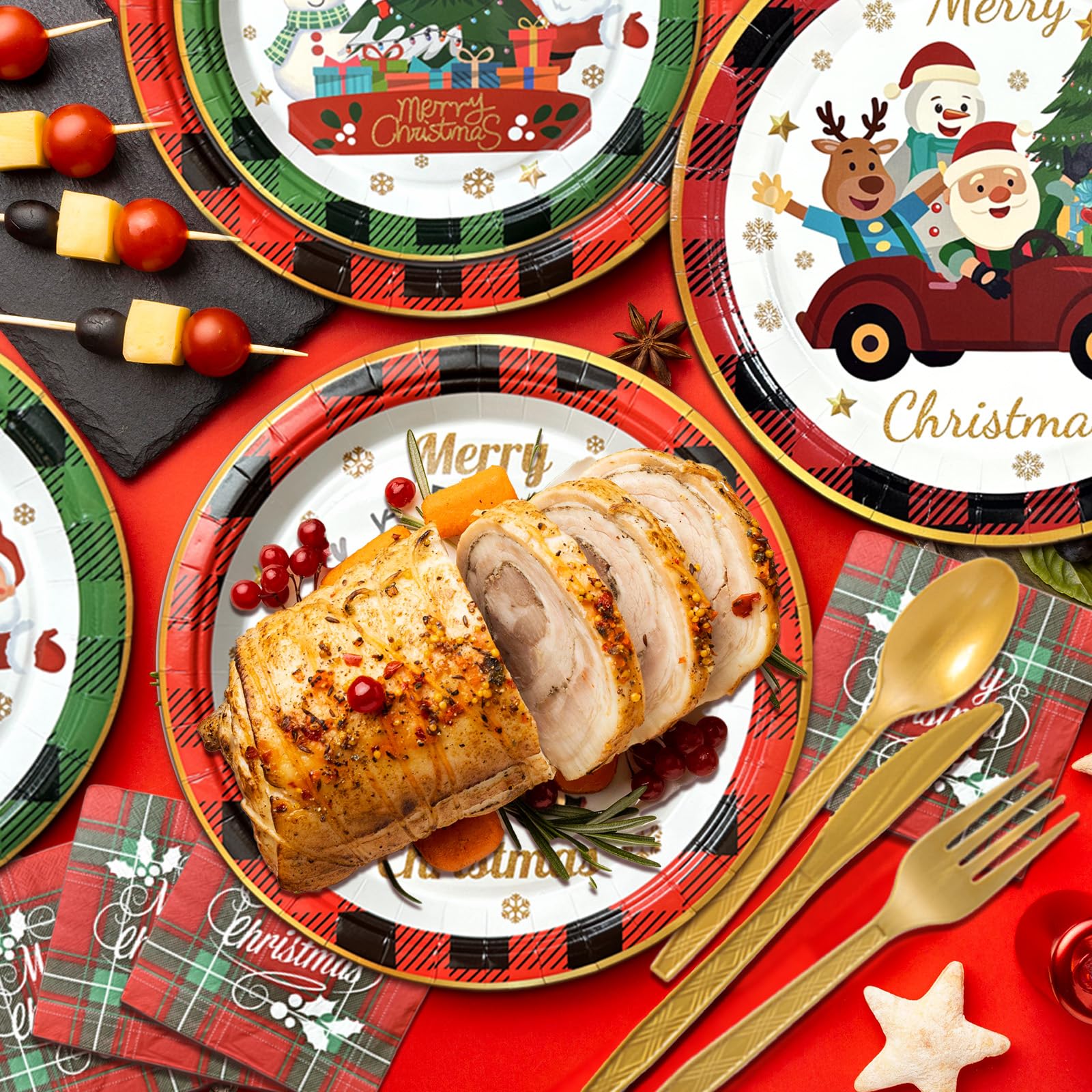 Photo 1 of Guudmua 700 PCS Christmas Paper Plates and Napkins Sets, Christmas Tableware Set Includes Disposable Dessert Plates Cups Gold Knives Forks Spoons Disposable Dinnerware Set (100 Guest)3+63