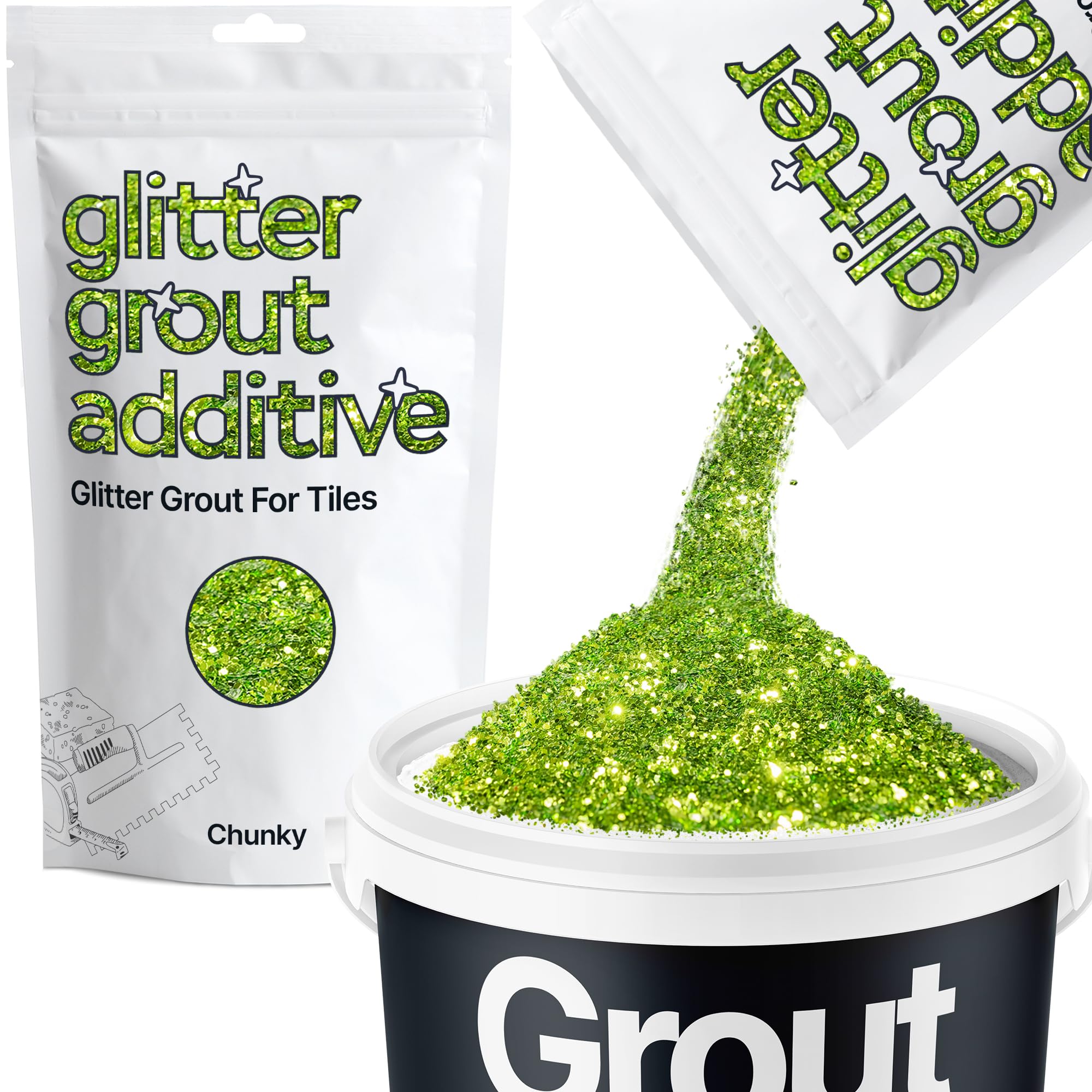 Hemway Lime Green Glitter Grout Additive Chunky 100g Metallic Flakes for Adding Sparkle to Kitchen & Bathroom Tiles | Enhance Your Indoor Grouting Projects with a Durable Sparkly Effect