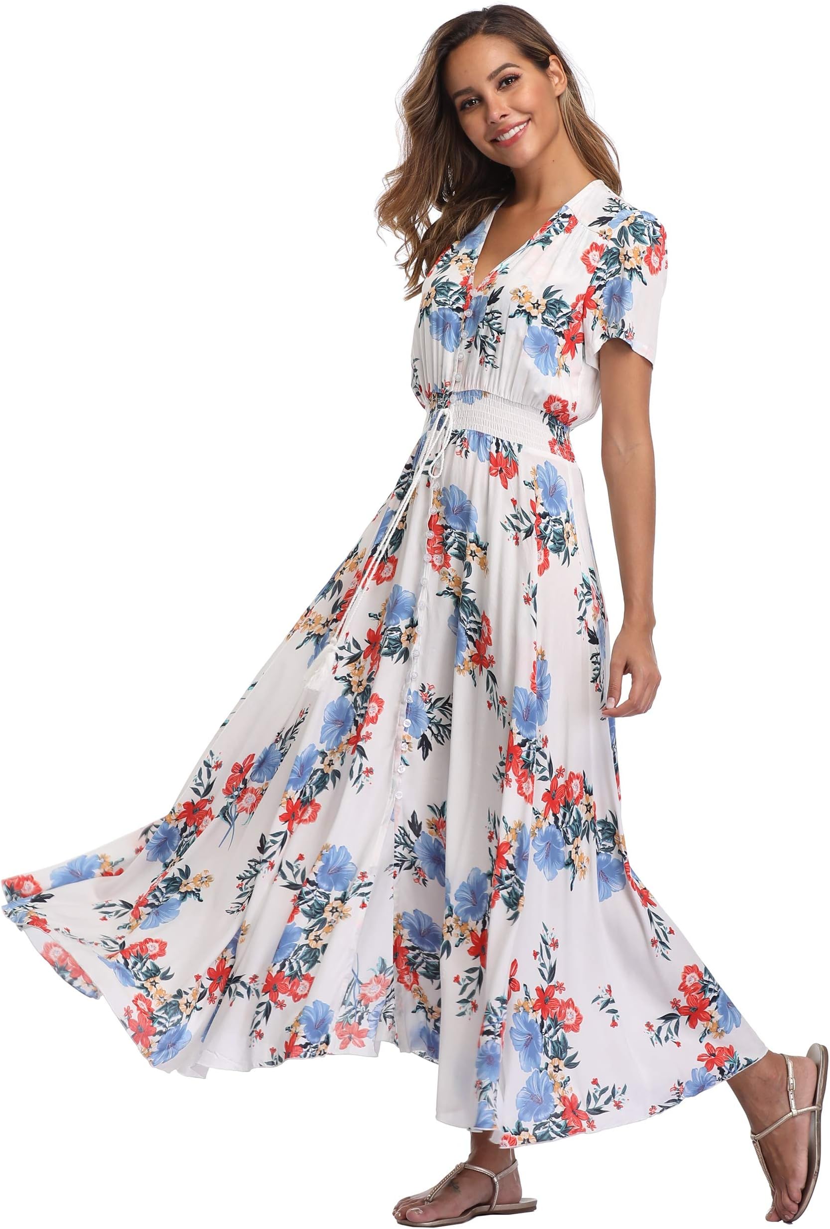 Women's Floral Maxi Dresses Boho Button Up Split Beach Party Dress