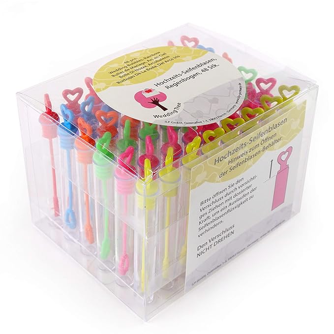 WeddingTree® Premium Seifenblasen Set in Regenbogen-Farben - 48 teilig mit Herzgriff - herzallerliebst für Hochzeit Taufe Geb