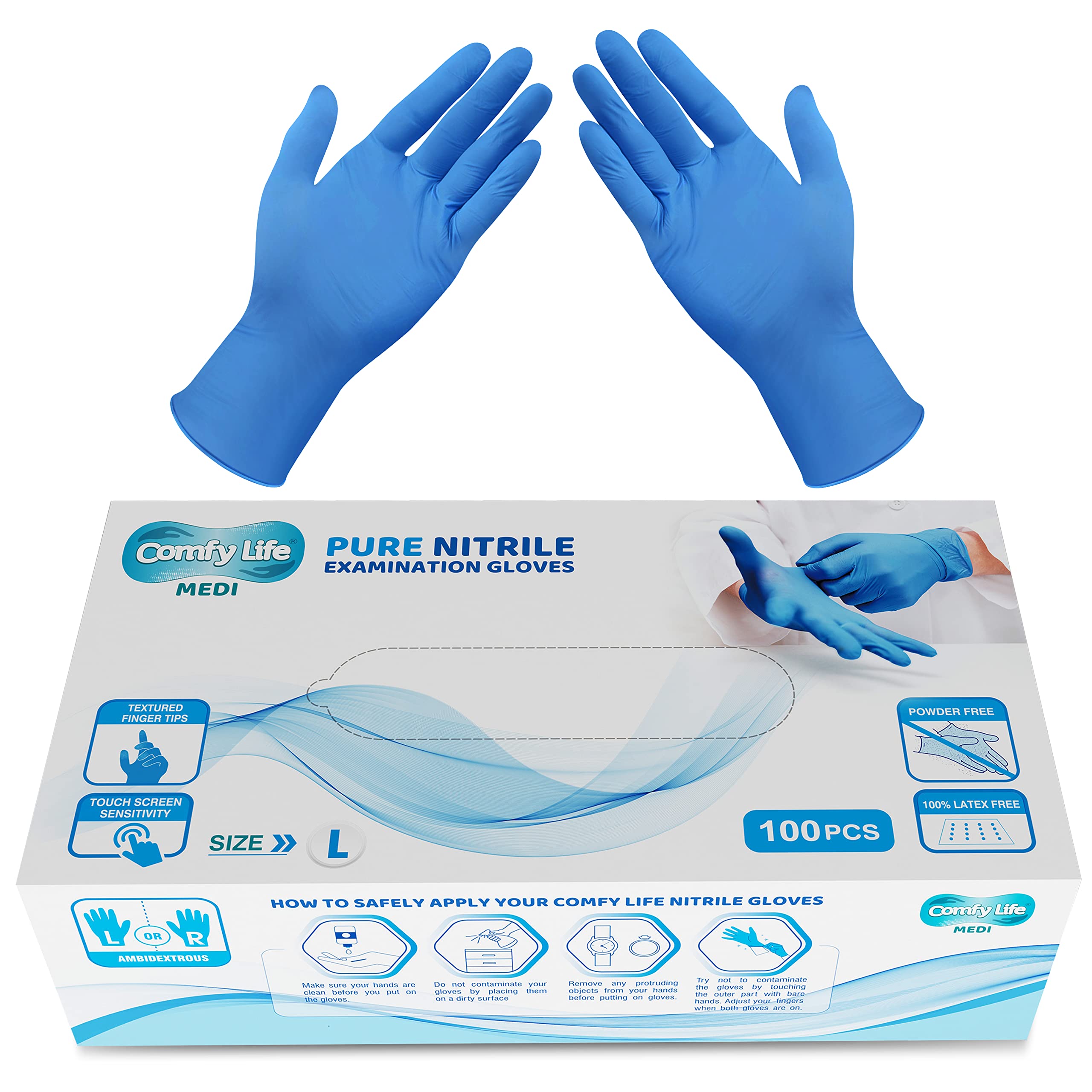 Comfy Life MEDI Pure Nitrile Gloves - Latex & Powder Free Disposable Examination Glove - Pack of 100 Large Blue Nitrile Gloves
