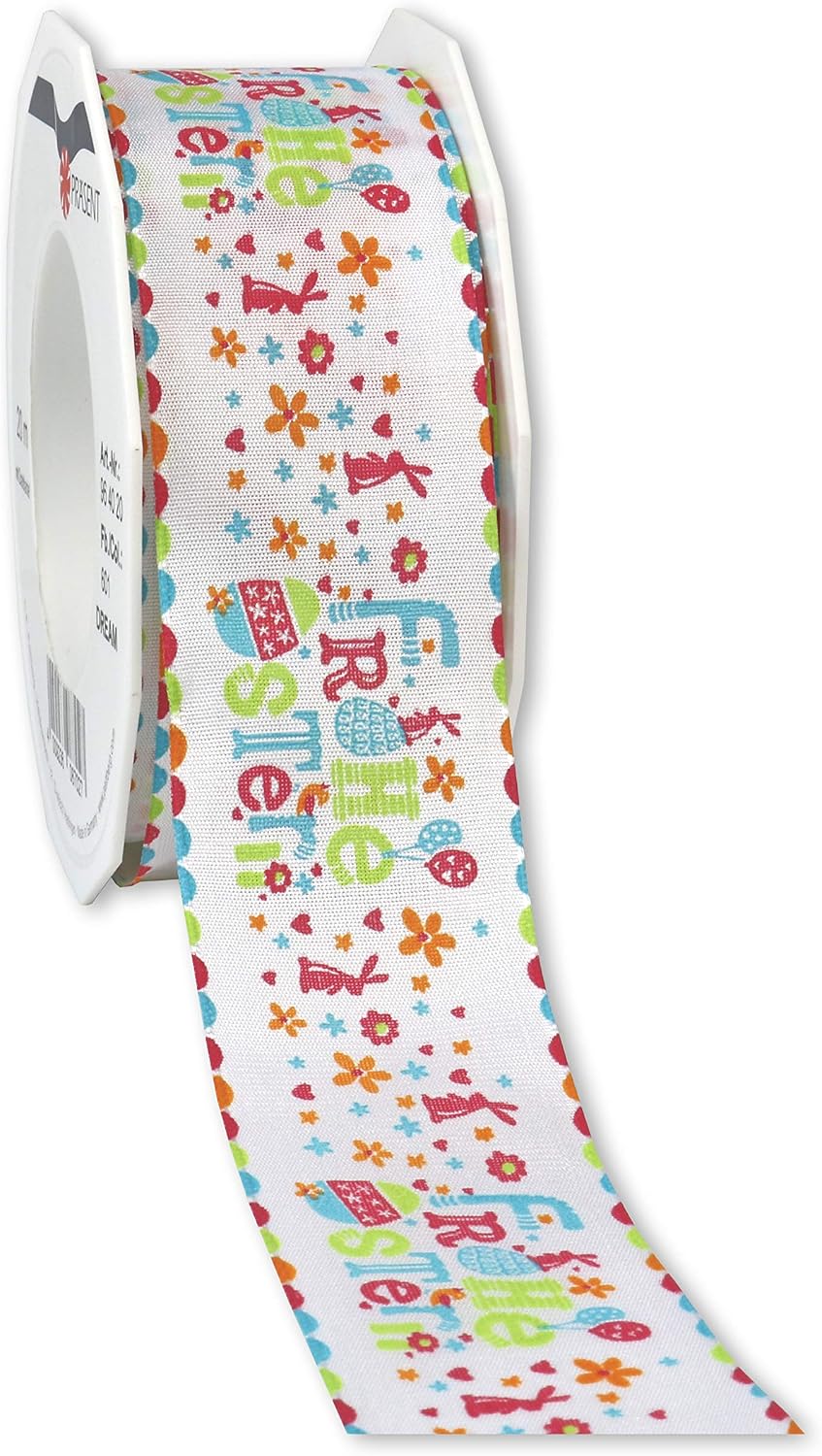 Präsent - Frohe Ostern Printed Ribbon Colorful 40 mm Width, 20 m Length, Dark Blue