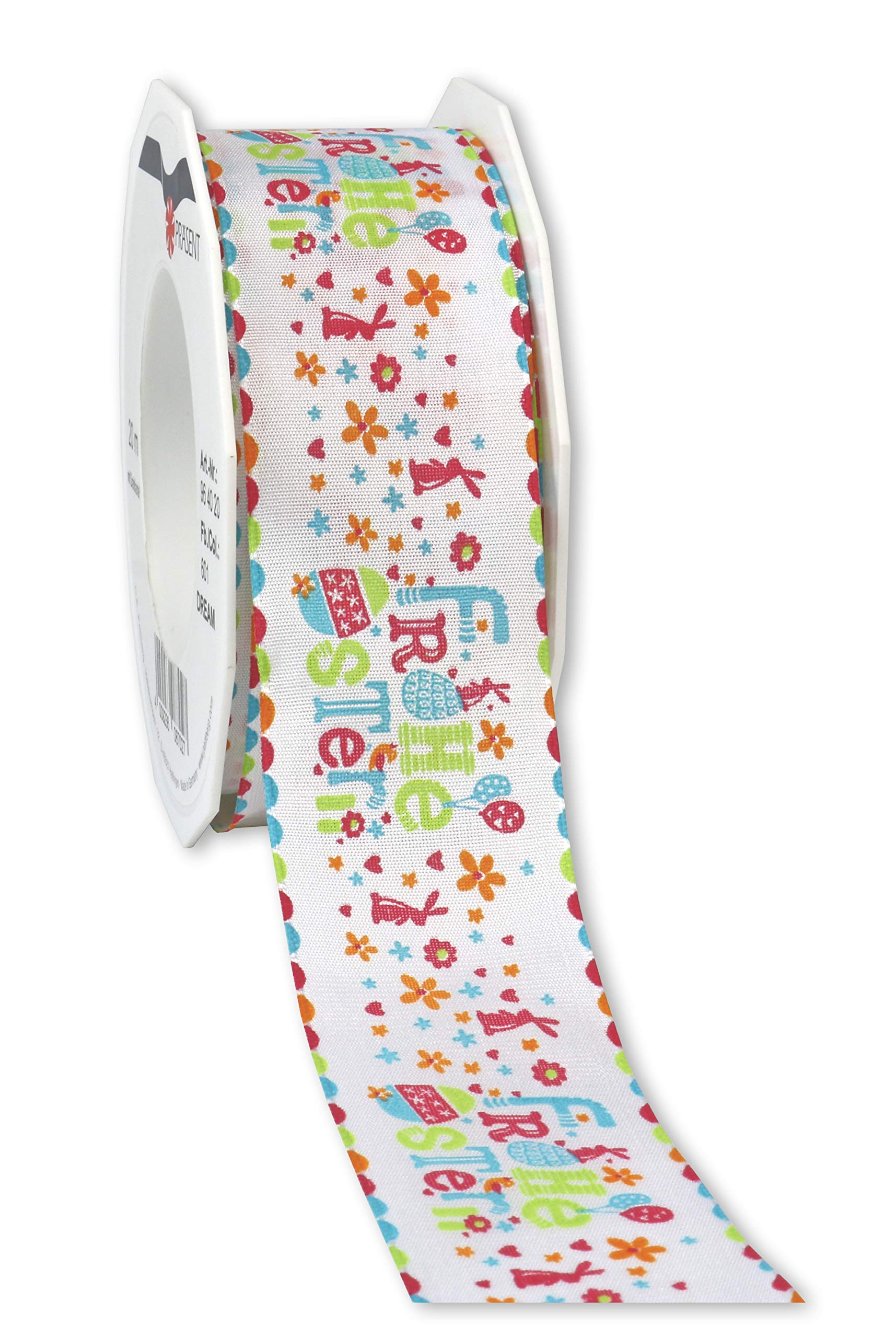 Präsent - Frohe Ostern Printed Ribbon Colorful 40 mm Width, 20 m Length
