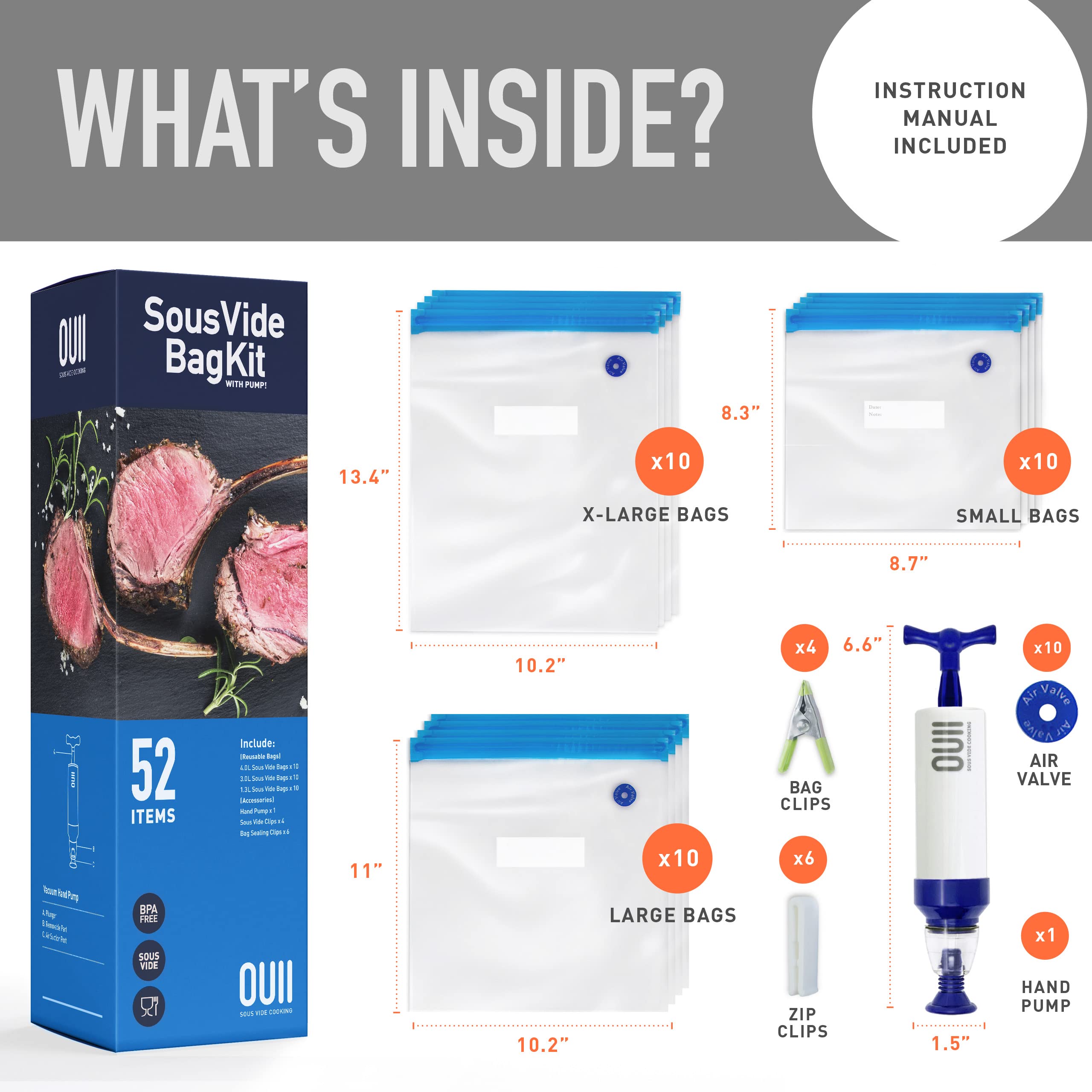 Sous Vide Bags for Joule and Anova Cooker - 52 Pieces Kit with Vacuum Sealer Bags, Hand Pump, Clips - 3 Bag Sizes, Food Storage, Meal Prep - Fits Any Sous Vide Cooking Machine