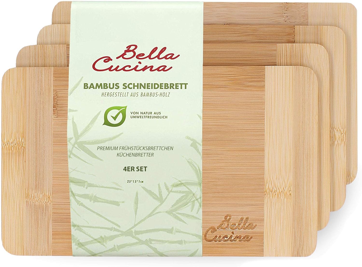 BELLA CUCINA Premium Frühstücksbrettchen | Bambus-Holz Küchenbrett | Frühstücksbretter | Schnittfest (4 Brettchen(klein))