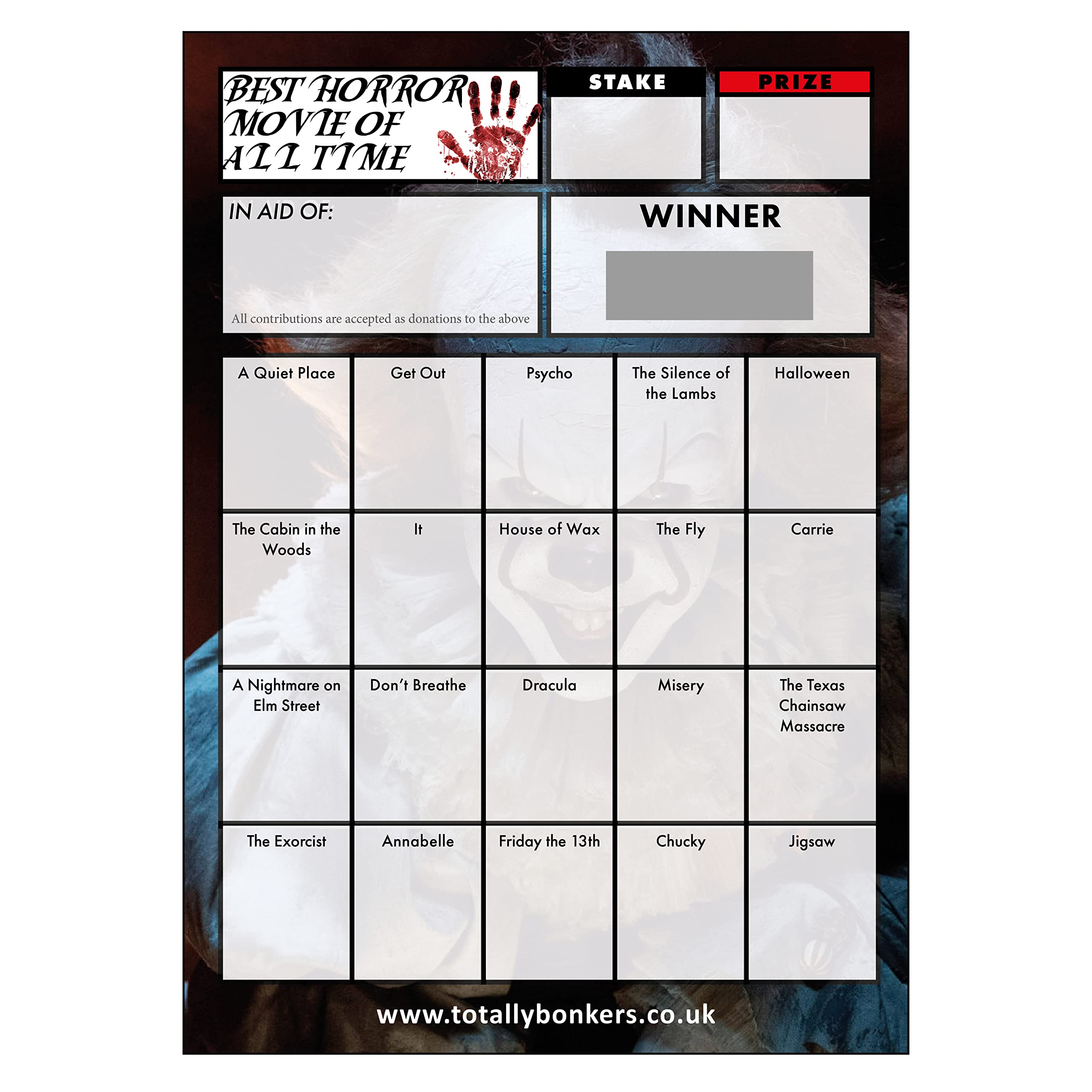 Totally Bonkers HALLOWEEN HORROR MOVIE Fundraising Scratch Cards - 20 SQUARE - 10 Pack