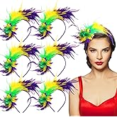 Yunlly 6 Pcs Mardi Gras Fascinator Feather Headband 1920 Feather Headband Hat Parrot Hair Band Party Costume Women Accessory(Yellow, Green, Purple)