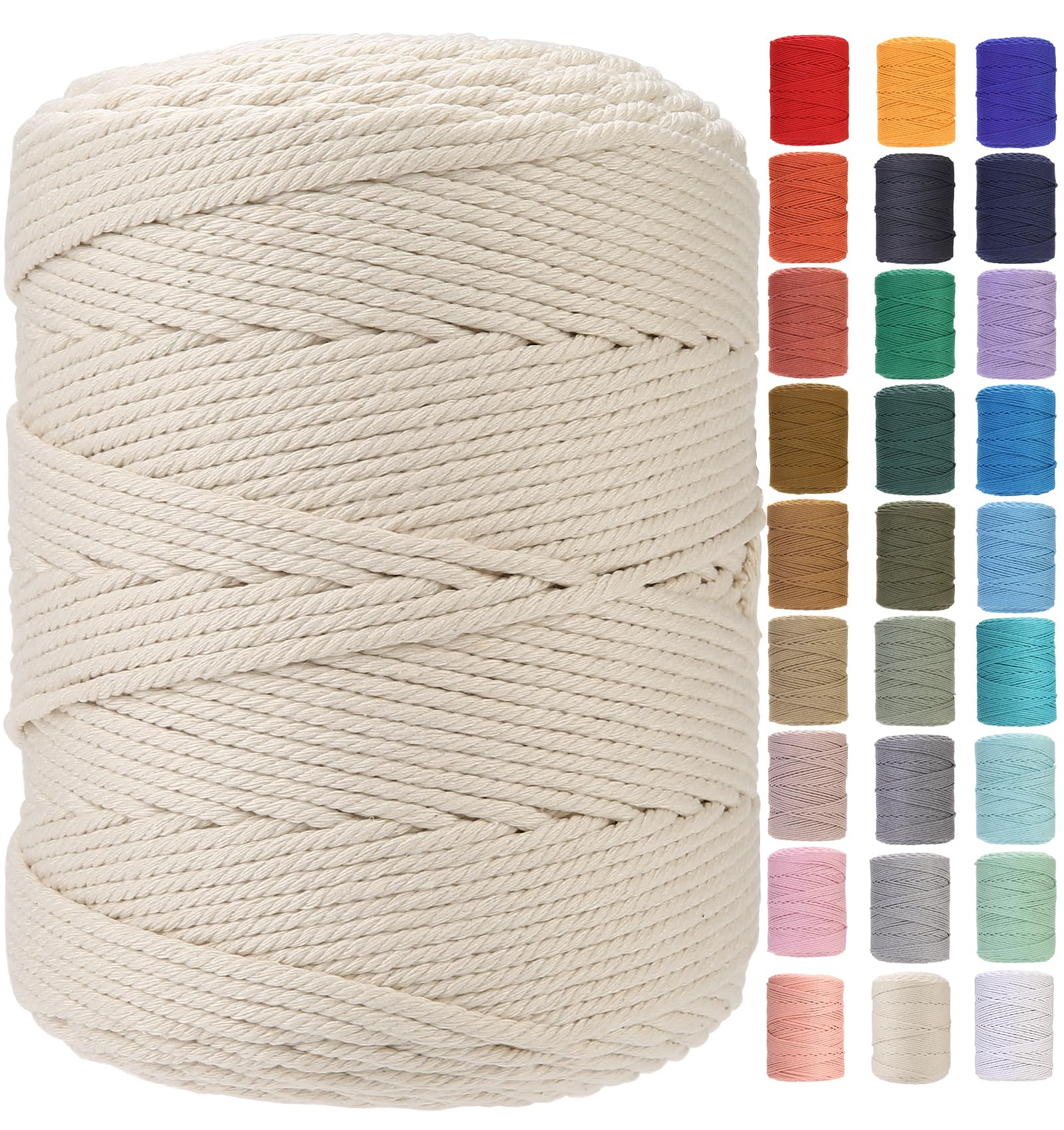 GOHOF Macrame Cord 4mm x 310m Premium Cotton Rope, 4 Strand Twisted Soft for Macrame Art, String Without Chemicals (Beige)