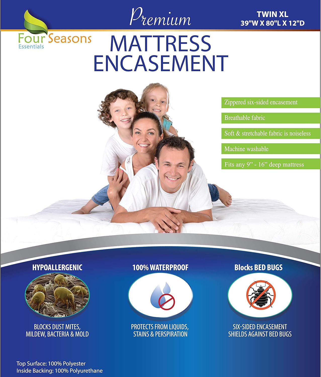 Four Seasons Essentials Twin Extra Long (XL) Mattress Protector Bedbug Waterproof Zippered Encasement Hypoallergenic Premium Quality Cover Protects Against Dust Mites Allergens: Home & Kitchen