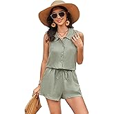FIOPHY 100% Linen Sets for Women 2 Piece Lounge Outfits Collared Sleeveless Button Down Shirt High Waisted Shorts Summer Set