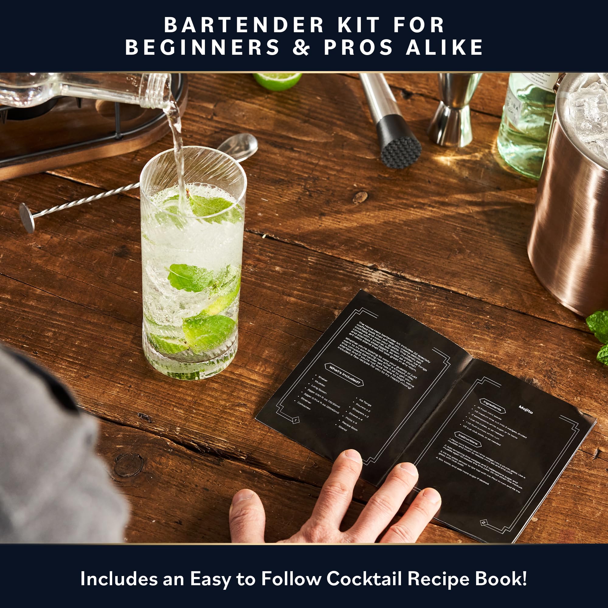 Home Hero Elegant 10-Piece Bartender Kit with Wooden Stand, Premium Bar Set & Cocktail Shaker, Gift for Home Bar and Cocktail Enthusiasts, Essential Bar Accessories w/Recipe Book (10Pcs-Black/Silver) - Image 4