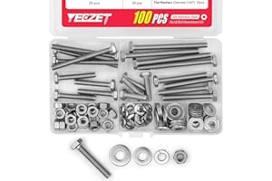 YEEZET 100PCS 1/4-20x1", 1-1/2", 2", 2-1/2", 3" Stainless Steel Hex Head Screws Bolts and Nuts Flat & Lock Washers Assortment Kit, 304 Stainless Steel 18-8,Fully Machine Thread, Bright Finish