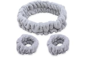 FROG SAC Spa Headband and Wristbands for Face Washing, Fuzzy Skincare Make Up Headbands Set for Women, Soft Puffy Makeup Skin Care Facewashing Hair Band Accessories for Girls (Gray)
