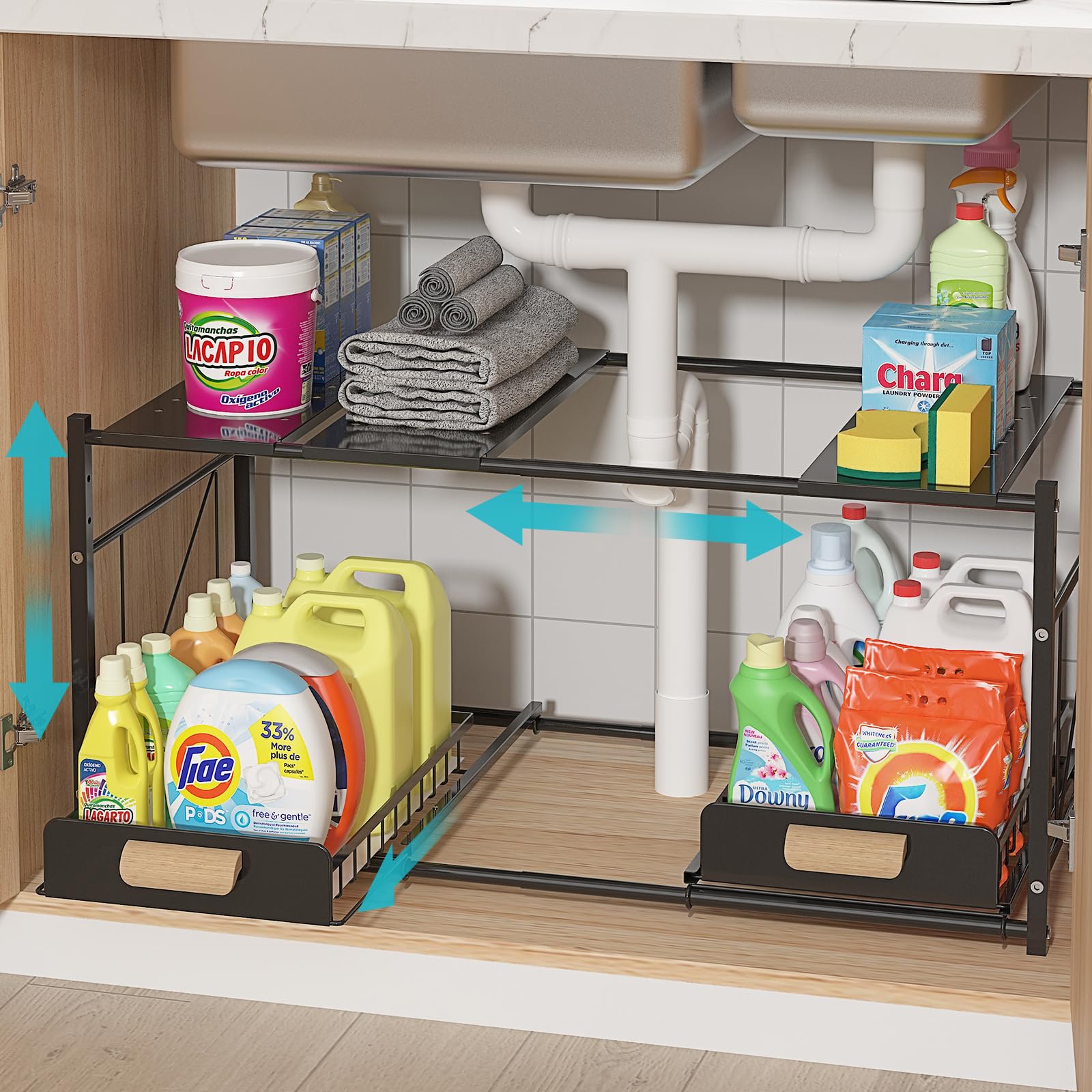 Photo 1 of REALINN Extendable Under Sink Organizer, 2 Tier Expandable Under Cabinet Organizer Shelf with Height Adjustable, Retractable Cabinet Storage, Black