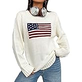 GORGLITTER Women's American Flag Fall Sweaters 2025 Oversized Long Sleeve Knit Graphic Pullover Top
