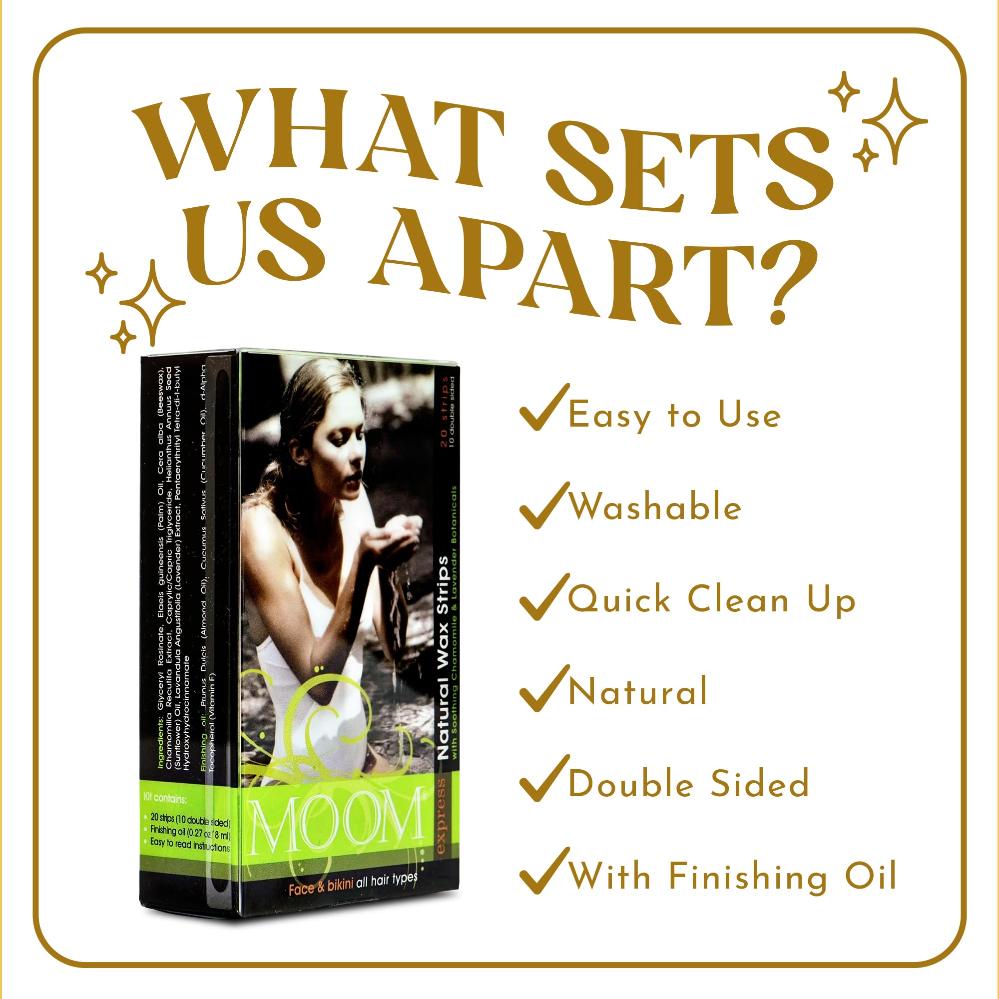 MOOM Express Wax Strips with Chamomile & Lavender, Hair Removal Kit with Finishing Oil - Wax Strips for Face, Bikini Zone & Brazilian, Perfect For Travel - 1 Pack of 10 Double-Sided Strips, 20 count