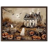 Halloween Wall Art Framed, Vintage Ghost and Pumpkin Canvas Print, Haunted House Picture with Bats, Spooky Farmhouse Wall Decor for Living Room Bedroom, 12x16 Inch