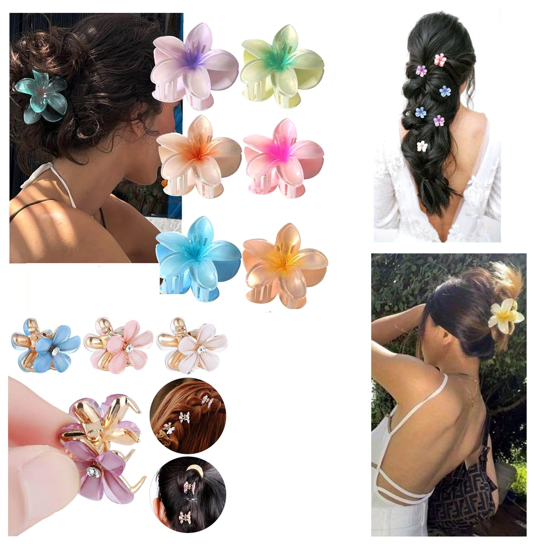 6 FLOWER Hair CLAW CLIPS & 2 MINI Metal Claws -HAIR TIES, Ponytail HAIR, Hair BANDS, Large CLAW CLIPS (6 FLOWERS & 2 Metal Flower Claws) — image 1