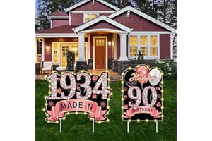 PUYRUIV 2Pcs Rose Gold 90th Birthday Yard Sign Decoration with String Lights for Women,Happy 90th Birthday Made in 1934 Lawn Sign Party Supplies, Ninety Year Old Birthday with Lights Yard Decor Stakes