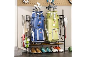 JSSKEEIM Golf Bag Organizer for Garage Storage, Golf Organizer Storage Rack Fits 2 Golf Bags, Mens Golf Bag Stand for Golf Bag Accessories, Metal & Wood Golf Bag Holder for Home, Club, Cool Golf Gifts for Men