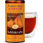 The Republic of Tea Pumpkin Spice Black Tea, Caffeinated, 50 Count | Moderate caffeine. Full-bodied black tea with notes of pumpkin, cinnamon, ginger, nutmeg, clove and allspice.