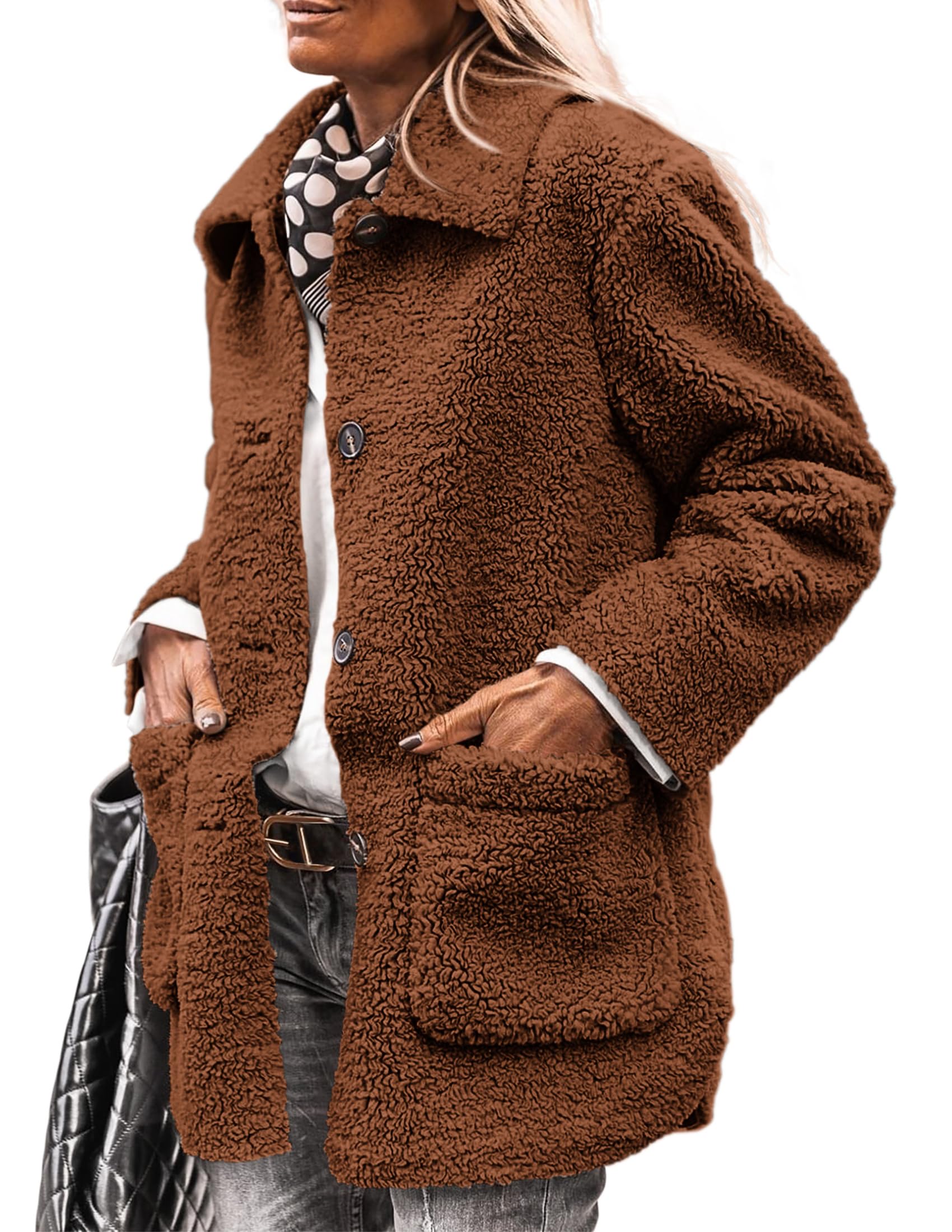 Photo 1 of PRETTYGARDEN Women's Winter Faux Fur Coats Long Sleeve Lapel Button Down Pockets Fleece Sherpa Jacket Casual Trendy Outerwear (Brown,Medium)