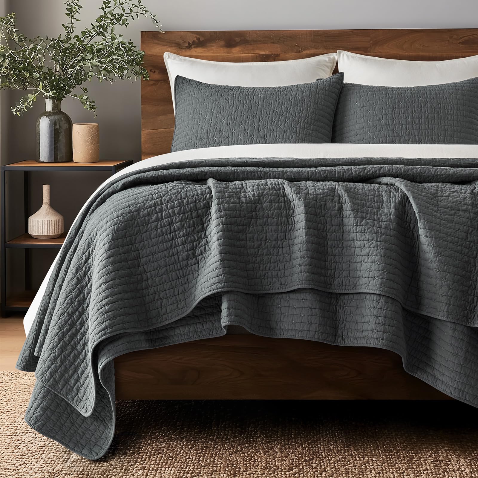 Photo 1 of EVERGRACE Cross Stitch Pre-Washed Cotton Quilt Bedding Set King Size, Oversized 3 Pieces Lightweight Bedspread Coverlet for All Season, with 2 Matching Shams, Charcoal, 108"x96"