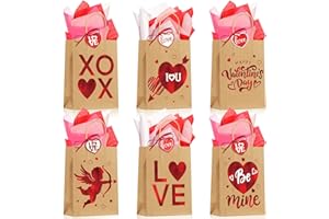 Ragnhild Valentines Gift Bags 24Pcs, Bulk Valentines Day Kraft Paper Goodie Bags with Tissue Paper, 6 Styles Red Foil Paper Bags with Tags for Wedding Valentines Kids Funny Gift Exchange Gift Wrapping