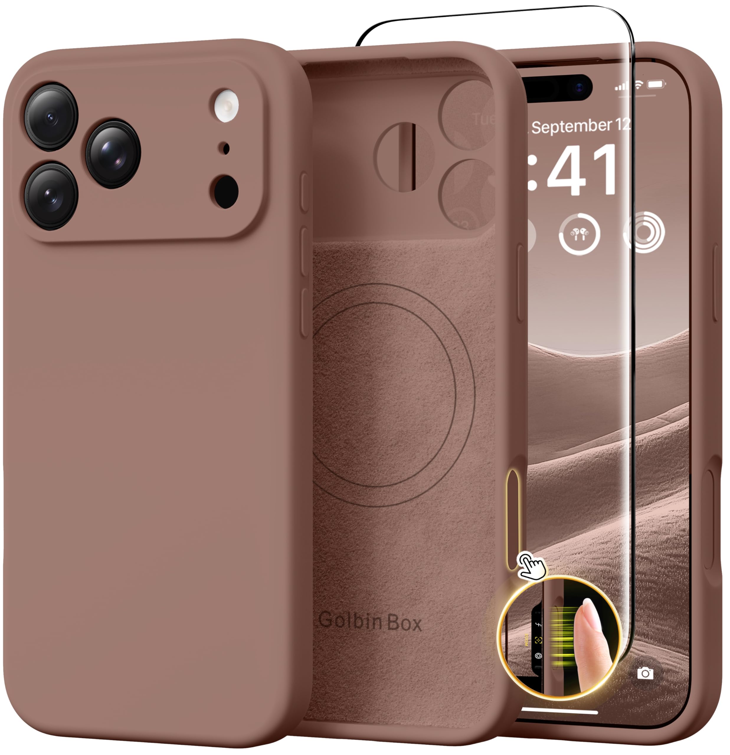 GolbinBox Magnetic for iPhone 17 Pro Max Case, Compatible with MagSafe, [Full Camera Protection] [Screen Protector], Silicone Shockproof Phone Cover with Anti-Scratch Microfiber Lining, Brown