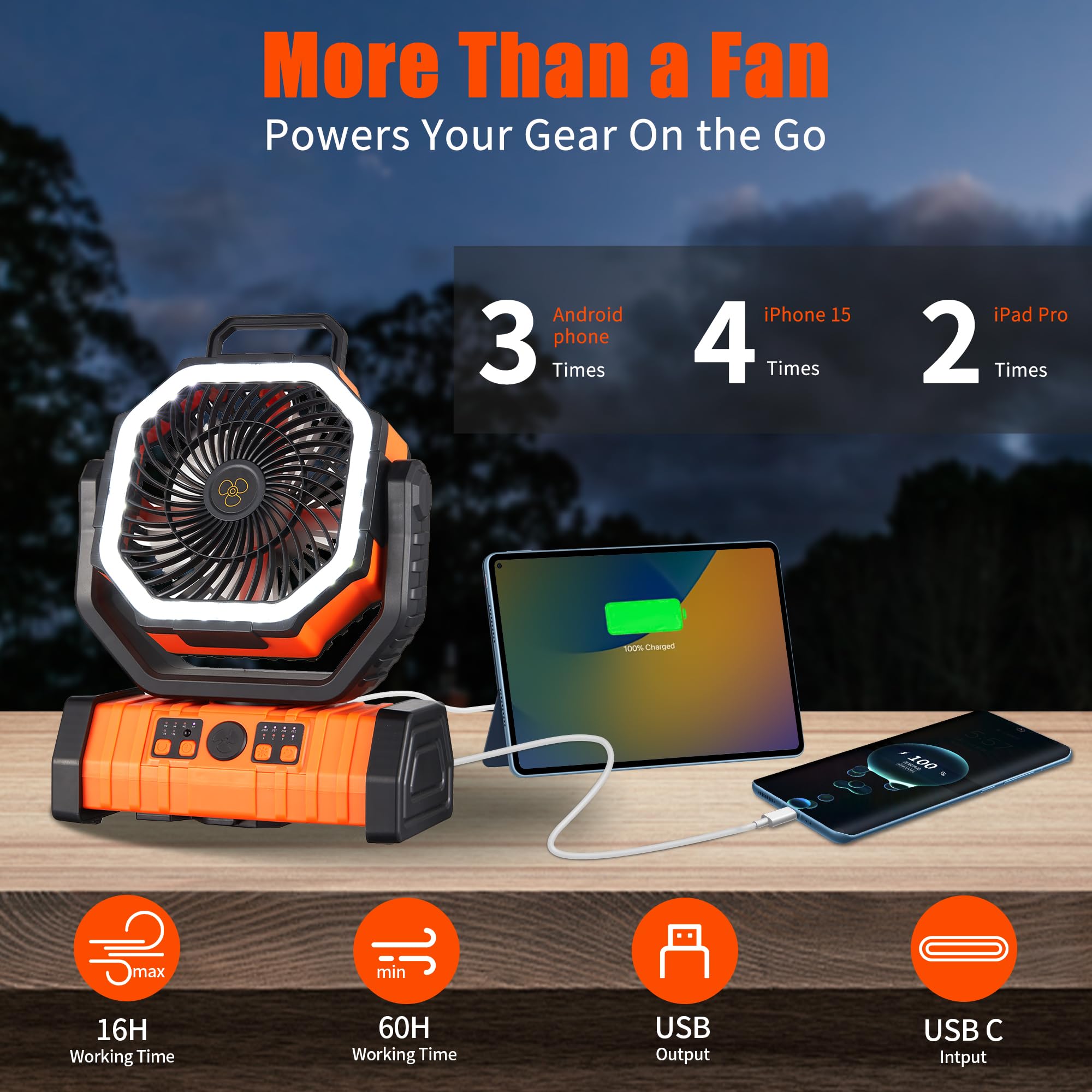 Rechargeable Fan,Operated Camping Battery Powered Fan with Hook&Bright LED Light,Remote Control Timer Auto Oscillation Cordless Outdoor for Power Outage,Picnic,Barbecue,Fishing,Travel,Jobsite,Home