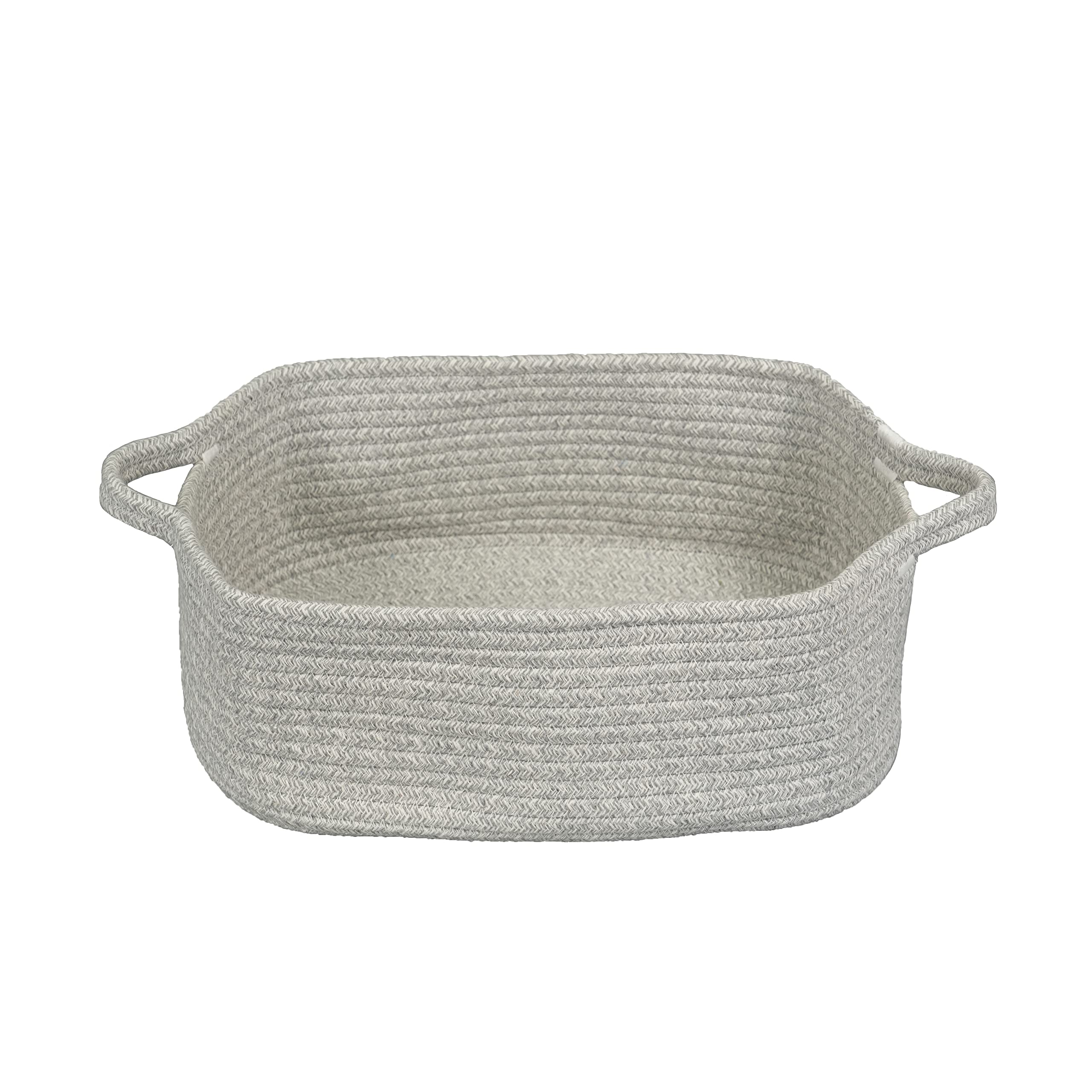 Photo 1 of Woven Cotton Rope Storage Basket with Handles for Organizing Shelves Closet Small Cat Dog Pet Toy Baskets Box Bin Decorative Rectangle Baby Nursery basket Gift basket Empty(light grey)